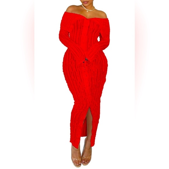 Fire Red Sheer Off Shoulder Ruffle Dress, NWOT - Picture 1 of 3